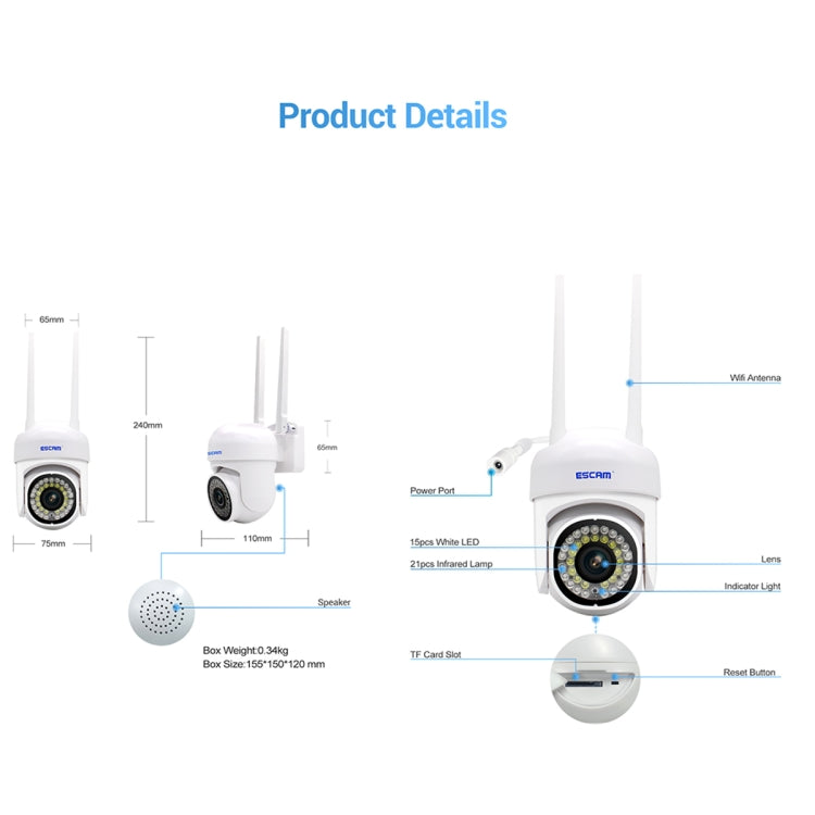 ESCAM PVR007 3MP Smart HD WiFi Camera Support Full Color Night Vision / Motion Detection / Sound Alarm / TF Card, PVR007 ESCAM PVR007 3MP Smart HD WiFi Camera Support Full Color Night Vision / Motion Detection / Sound Alarm / TF Card, PVR007